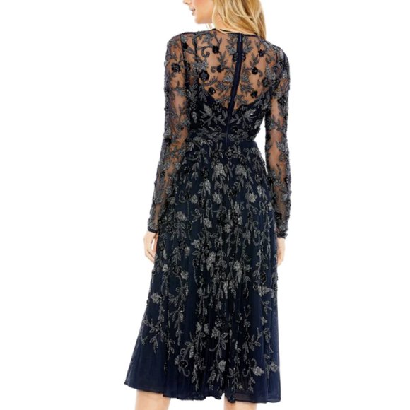 MAC DUGGAL 10799 BEADED ILLUSIONS HIGH NECK LONG SLEEVE A-LINE NAVY DRESS sz 16 - Picture 2 of 5